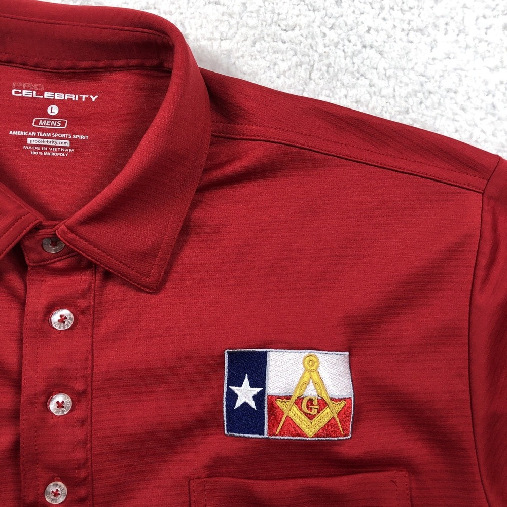 Free Mason Compass Ruler Grand Lodge Texas Flag Polo Shirt Men M/L Red Logo RARE